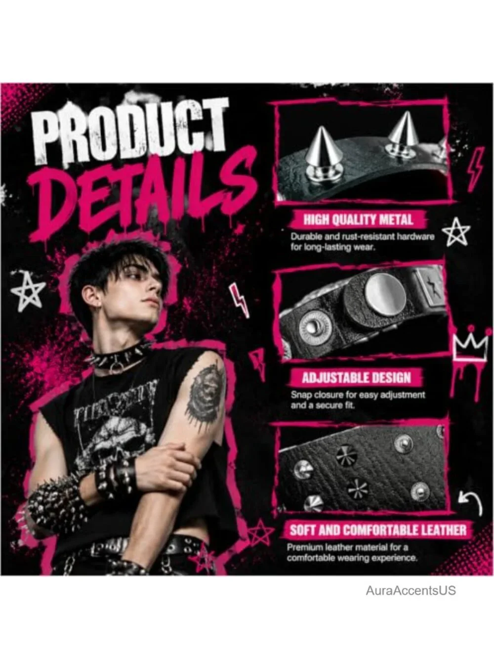 Punk Rock Studded Bracelet Set Spiked Leather Cuff
